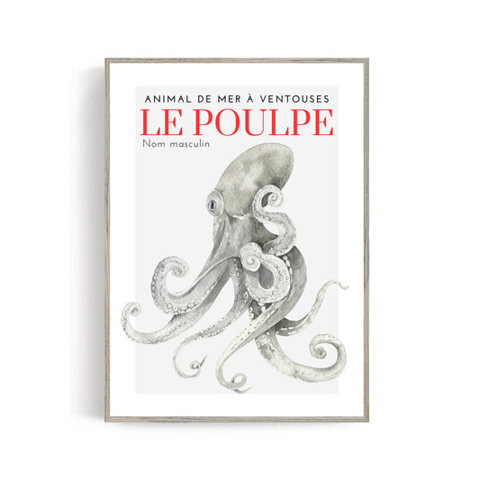 Le Poulpe, Grey, Art Print, A3/A4/A5 Sizes